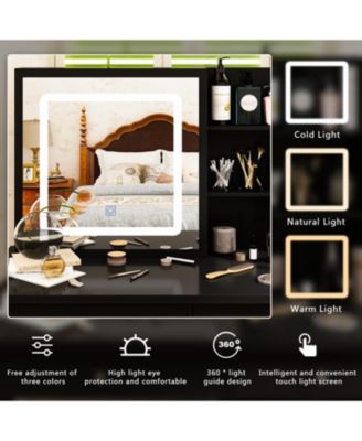 5-Drawers Black Wood LED Push-Pull Mirror Makeup Vanity Sets Dressing Table Sets with Stool and 3-Tier Storage Shelves