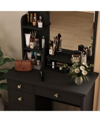 5-Drawers White Makeup Vanity Table Wooden Dressing Desk With Mirror and 3-Tier Storage Shelves