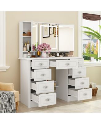 White Makeup Vanity Table Dressing Desk 3-Mirrors,LED Lighted, 9-Drawers, Hidden Storage Shelves, Carved Metal Handles