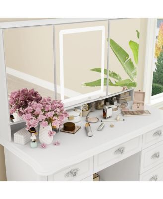 White Makeup Vanity Table Dressing Desk 3-Mirrors,LED Lighted, 9-Drawers, Hidden Storage Shelves, Carved Metal Handles