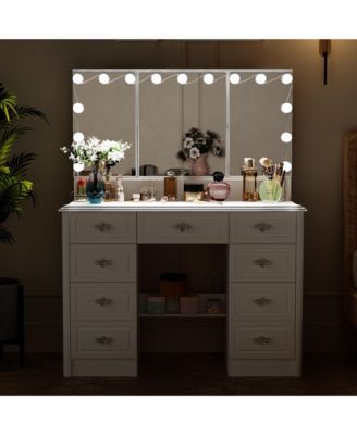 White Makeup Vanity Table Dressing Desk W/3-Mirrors,Lighted Mirror, Drawers, Hidden Storage Shelves Carved Metal Handles
