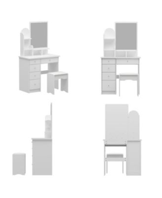 5-Drawers White Makeup Vanity Table Wooden Dressing Desk With Mirror and 3-Tier Storage Shelves
