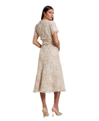 【Mac Duggal】Boucle Cap Sleeve Button Up Dress 関税送料込 Mac Duggal Beaded Crew Neck Short Sleeve A-Line Midi Dress