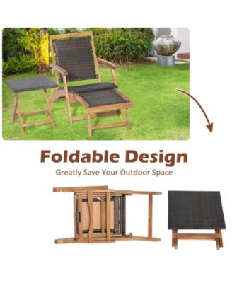 2 Pieces Patio Rattan Folding Lounge Chair with Acacia Wood Table