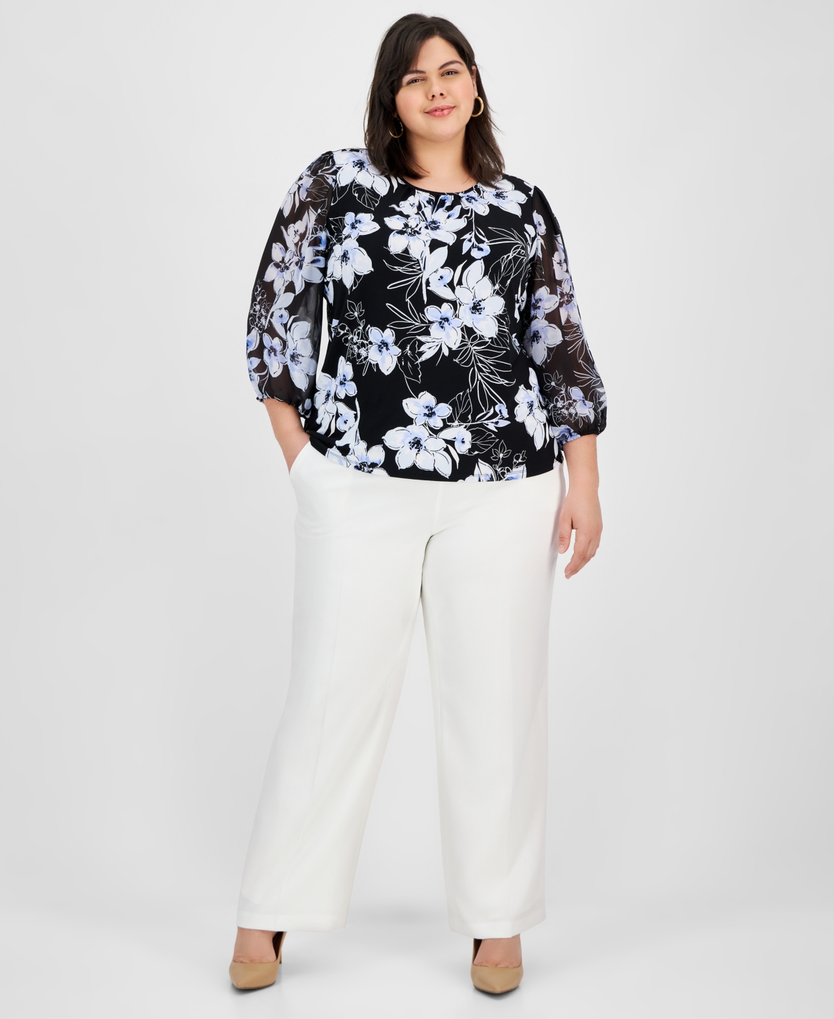 KASPER PLUS SIZE FLORAL BLOUSON-SLEEVE BLOUSE 