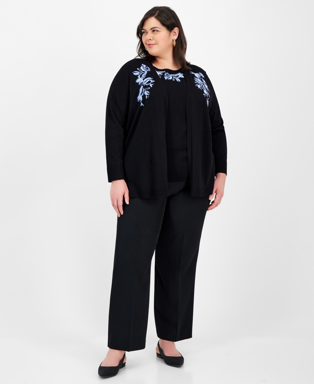 Kasper Plus Size Embroidered Open-front Cardigan In Black