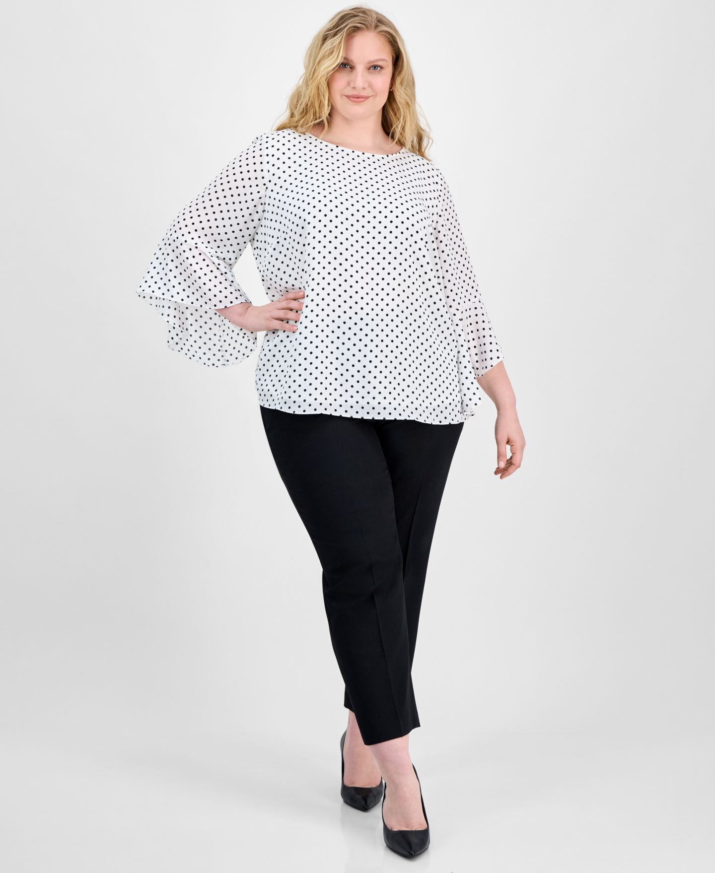 Женская блузка Kasper Plus Size Polka-Dot Ruffle-Sleeve, цвет: Белый / Чёрный — фото 2