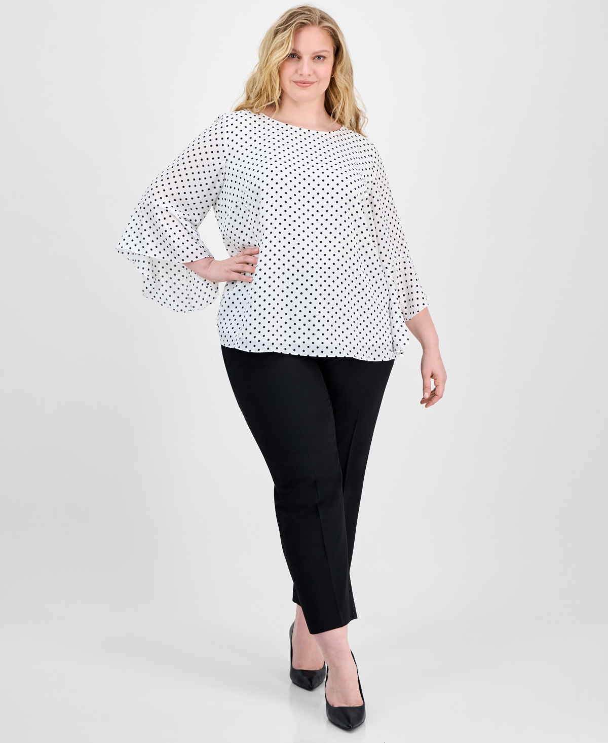 Kasper Plus Size Polka-dot Ruffle-sleeve Blouse In White,black