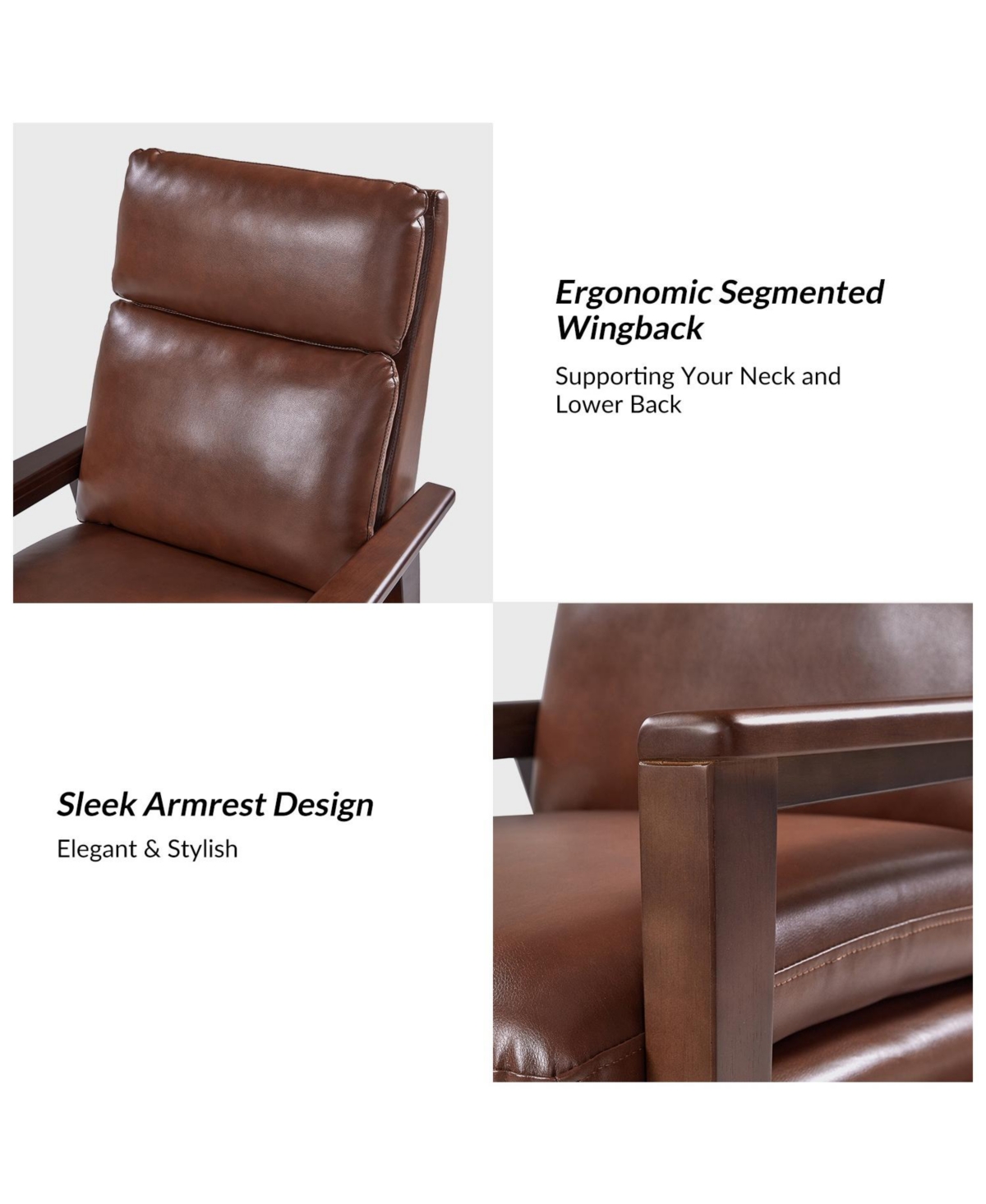 Hulala Home Peter Mid-Century Modern Leather Solid Wood Recliner with Rubber Wood