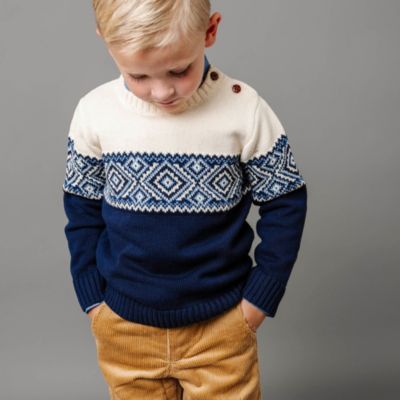 Boys Organic Long Sleeve Intarsia Crew Neck Pullover Sweater with Buttons