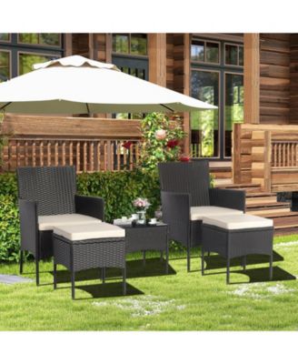 5 Pieces Outdoor Wicker Sofa Set with Coffee Table and 2 Ottomans