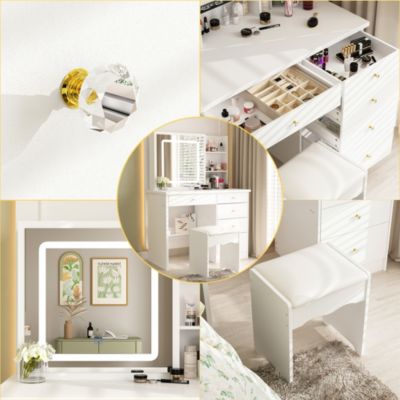 5-Drawers White Makeup Vanity Sets Dressing Table Sets with LED Dimmable Mirror, Stool and 3-Tier Storage Shelves