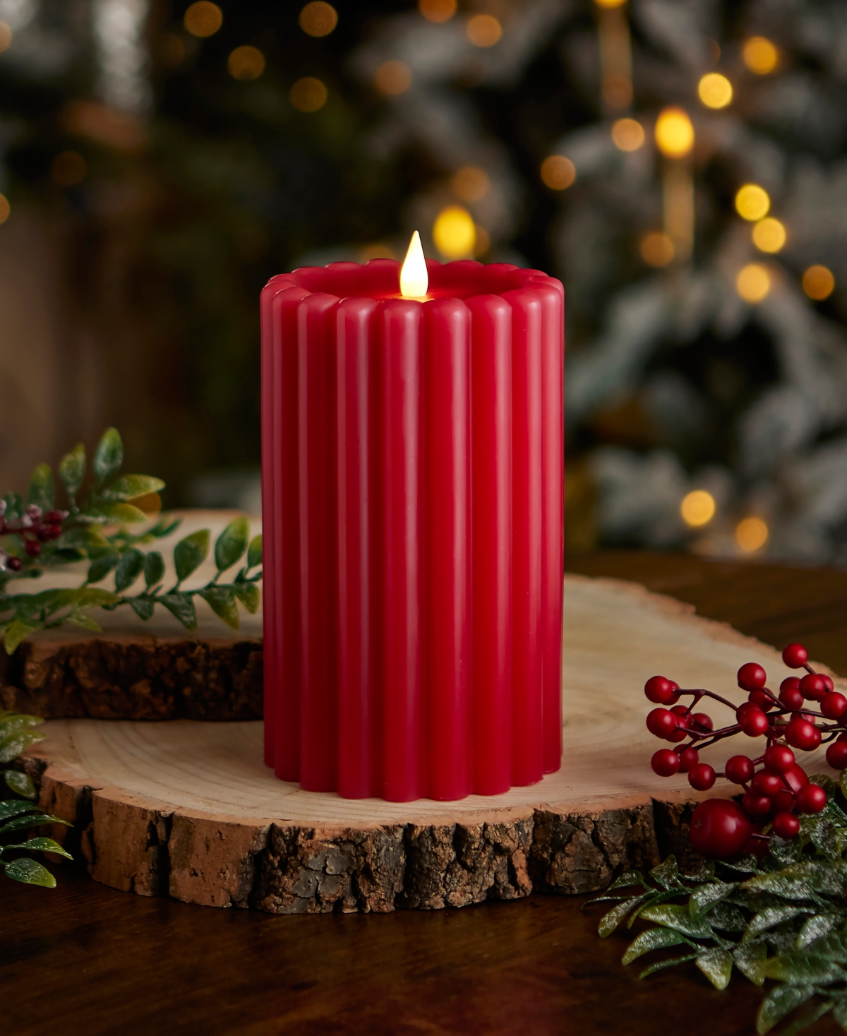Seasonal Wide Ribbed Motion Flameless Candles, 4x6 In Red