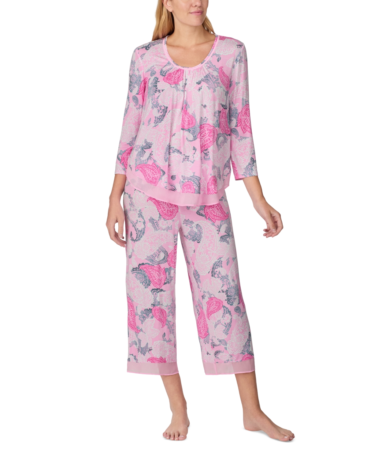 Women's Printed Cropped Pajama Set - Pink White