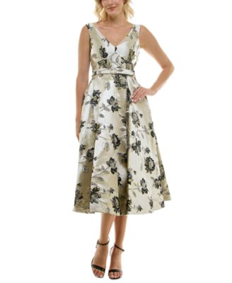 Taylor Women's Floral Jacquard V-Neck Belted Dress - Macy's