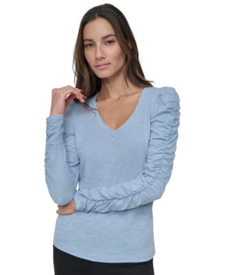 DKNY Jeans - Petite Ruched Puffed Long-Sleeve Top