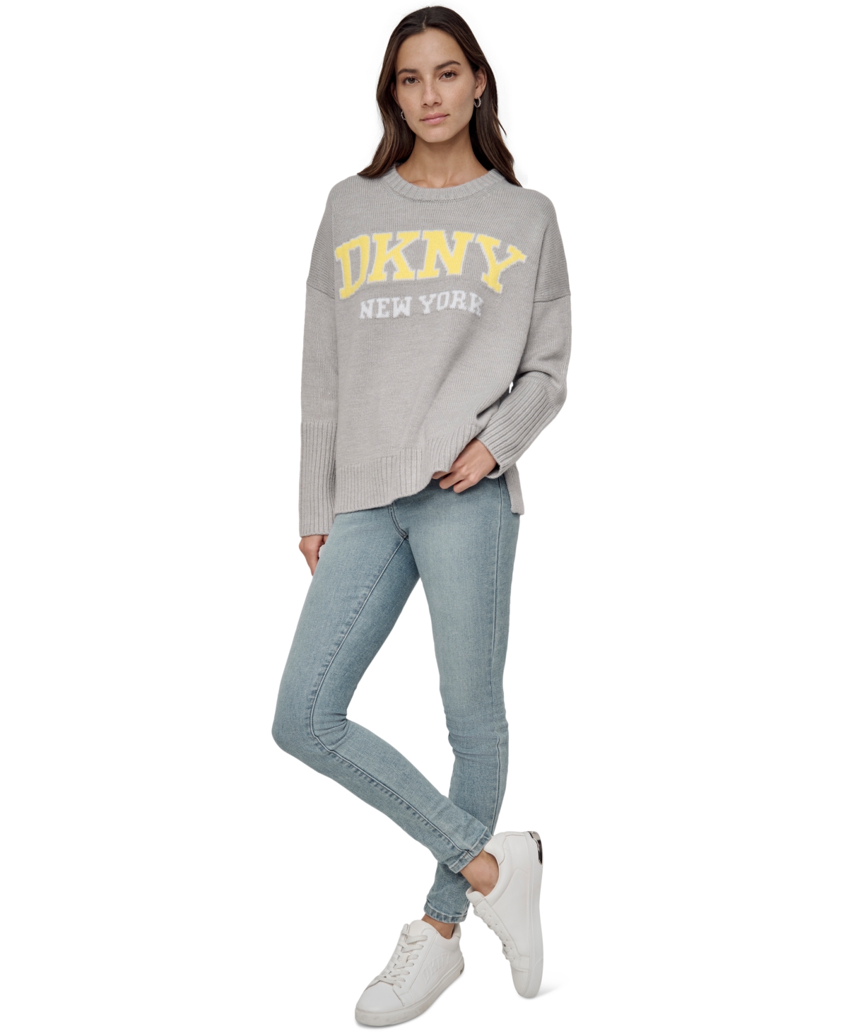 DKNY JEANS PETITE VARSITY LOGO CREWNECK SWEATER 