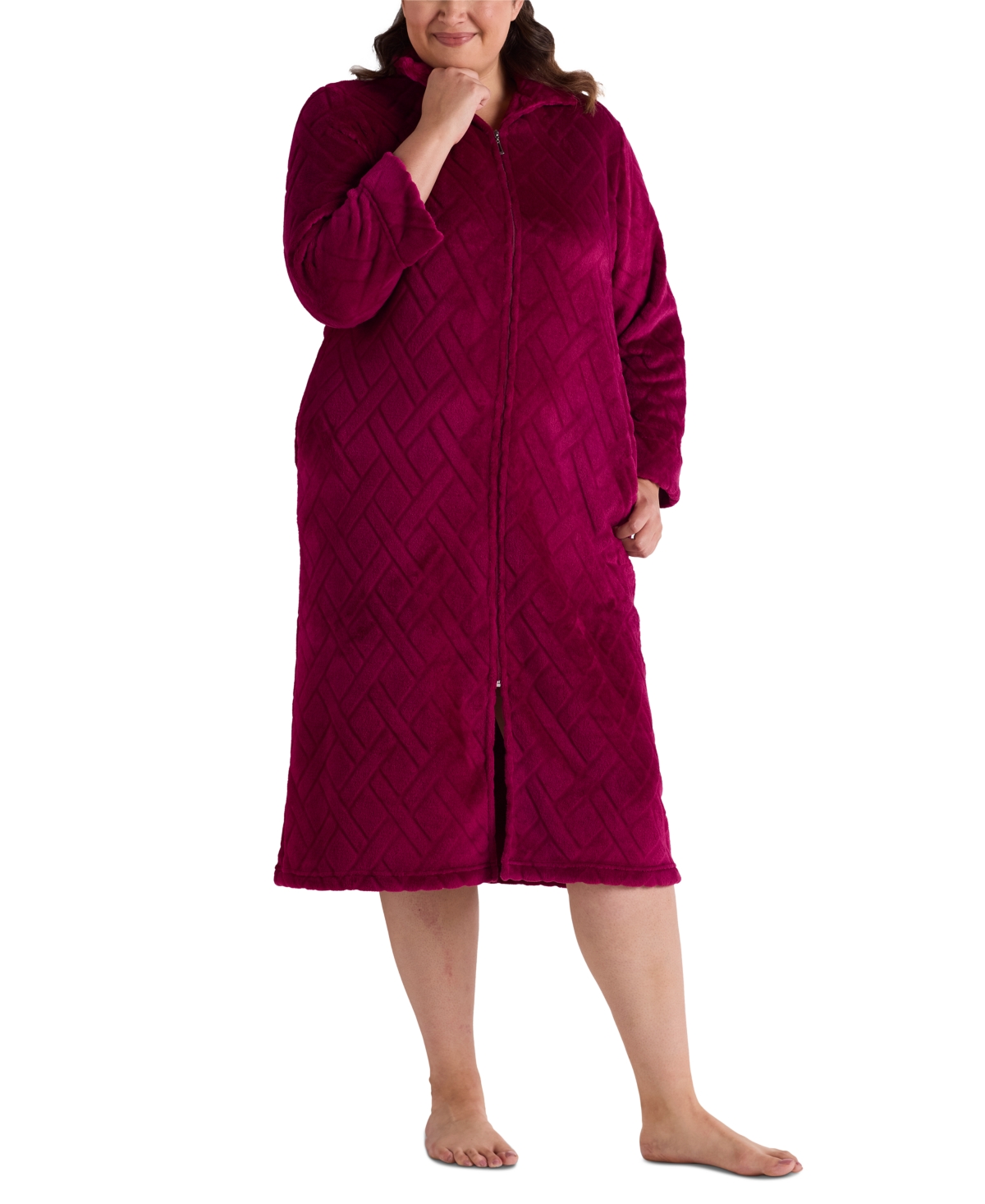 MISS ELAINE PLUS SIZE TEXTURED FLEECE ZIP-FRONT ROBE 