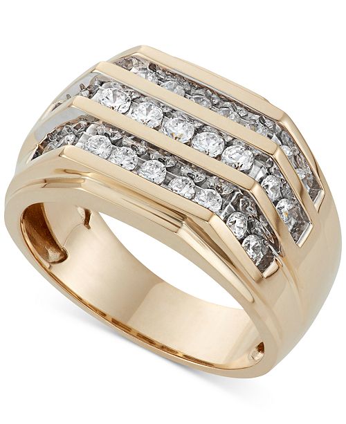 Macy S Men S Three Row Diamond Ring 1 Ct T W In 10k Gold Reviews Rings Jewelry Watches Macy S