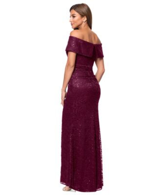 knee length dresses for ladies Xscape Women's One-Shoulder Soutache Lace Gown - Sage/Gold