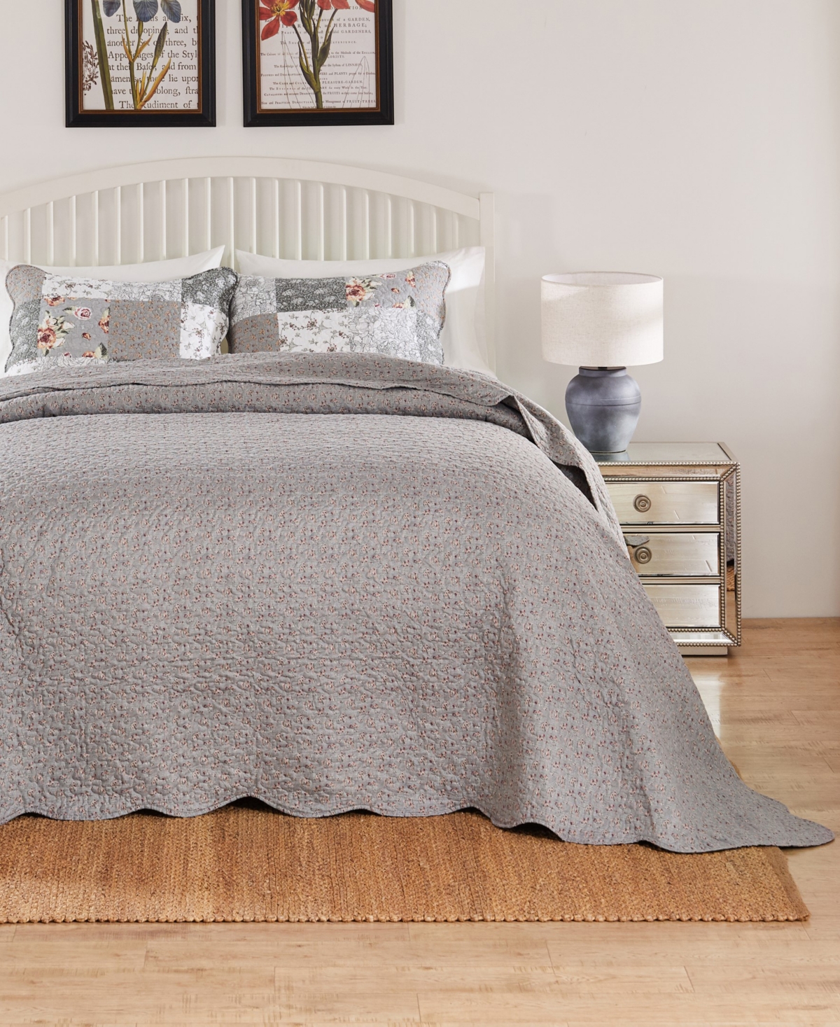 Greenland Home Fashions Giulia Floral Print 3-pc. Bedspread Set, Queen In Gray