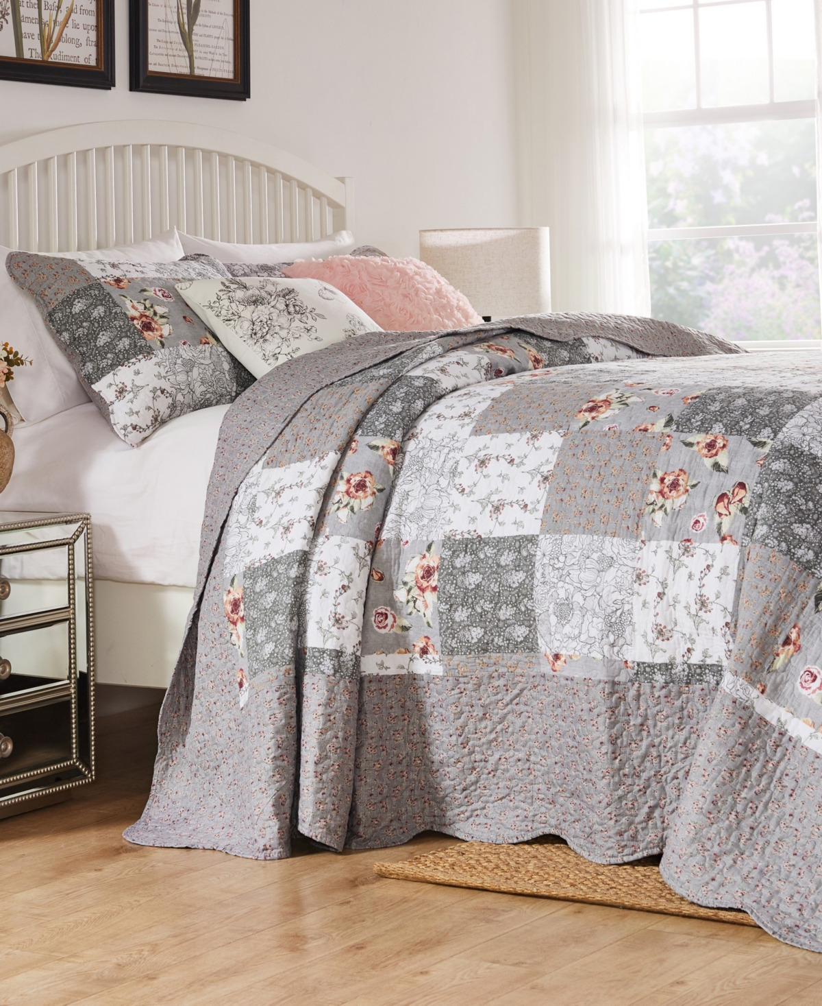 Greenland Home Fashions Giulia Floral Print 3-pc. Bedspread Set, Queen In Gray