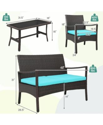 4 Pieces Rattan Conversation Set with Tempered Glass Coffee Table