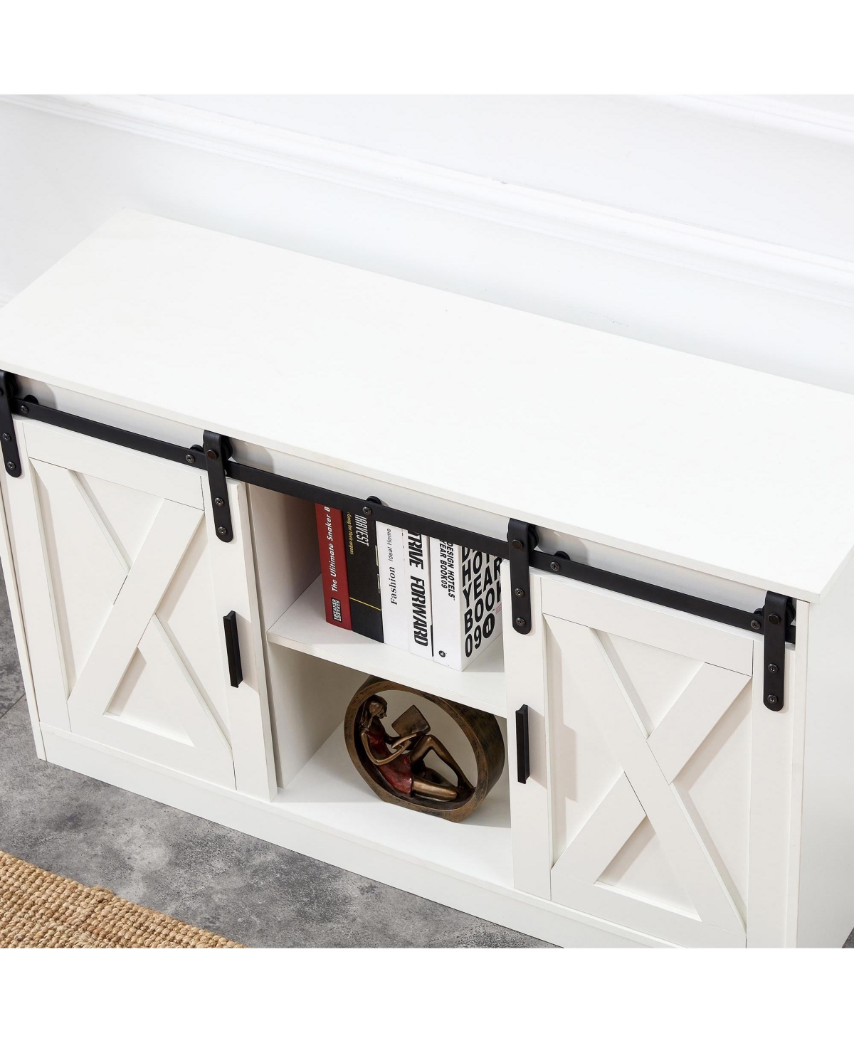 SlickblueDecorative Wooden Tv/Storage Cabinet with Sliding Barn Doors – Versatile Storage Solution for Bedroom - White