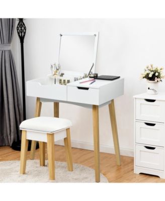 Wooden Vanity Table with Flip Top Mirror and Cushioned Stool