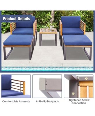 5 Piece Patio Acacia Wood Chair Set with Ottomans and Coffee Table