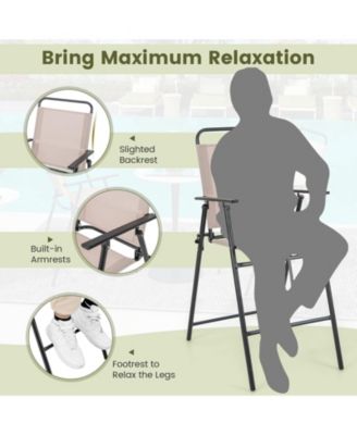 Patio Folding Bar Stool Set of 2 with Metal Frame and Footrest