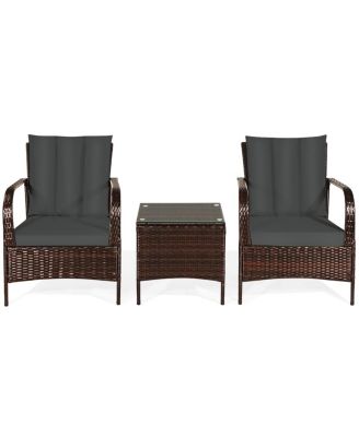 3 Pieces Patio Rattan Conversation Set with Glass Top Coffee Table and Cushions