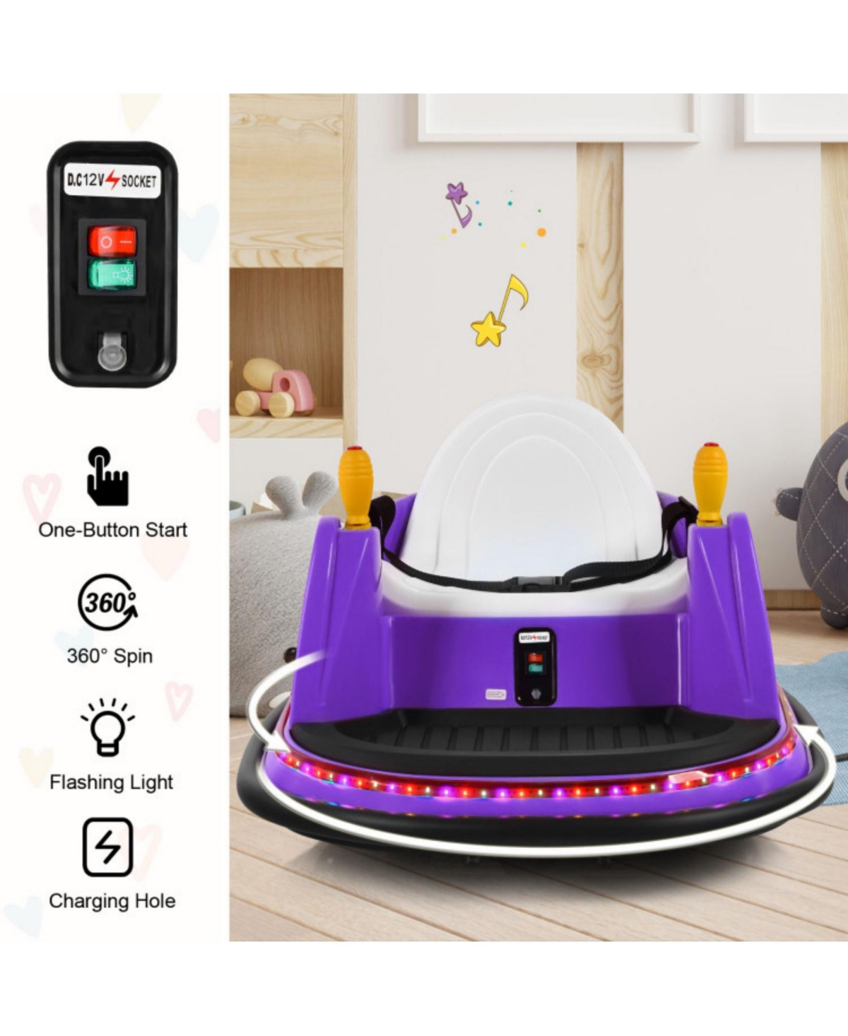 Sugift 12V Kids Ride On Bumper Car 360-Degree Spin Race Toy with Remote Control