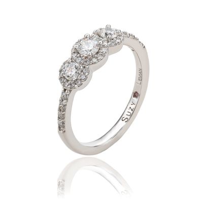 Suzy Levian Sterling Silver Cubic Zirconia 3-Stone Halo Petite Ring