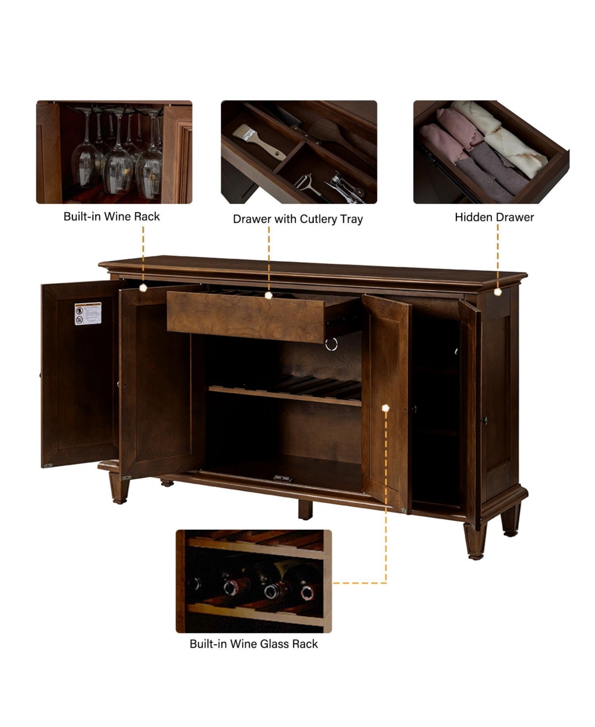 Hulala Home Rory Traditional Wide Sideboard with Wine Bottle Storage with Adjustable Shelves