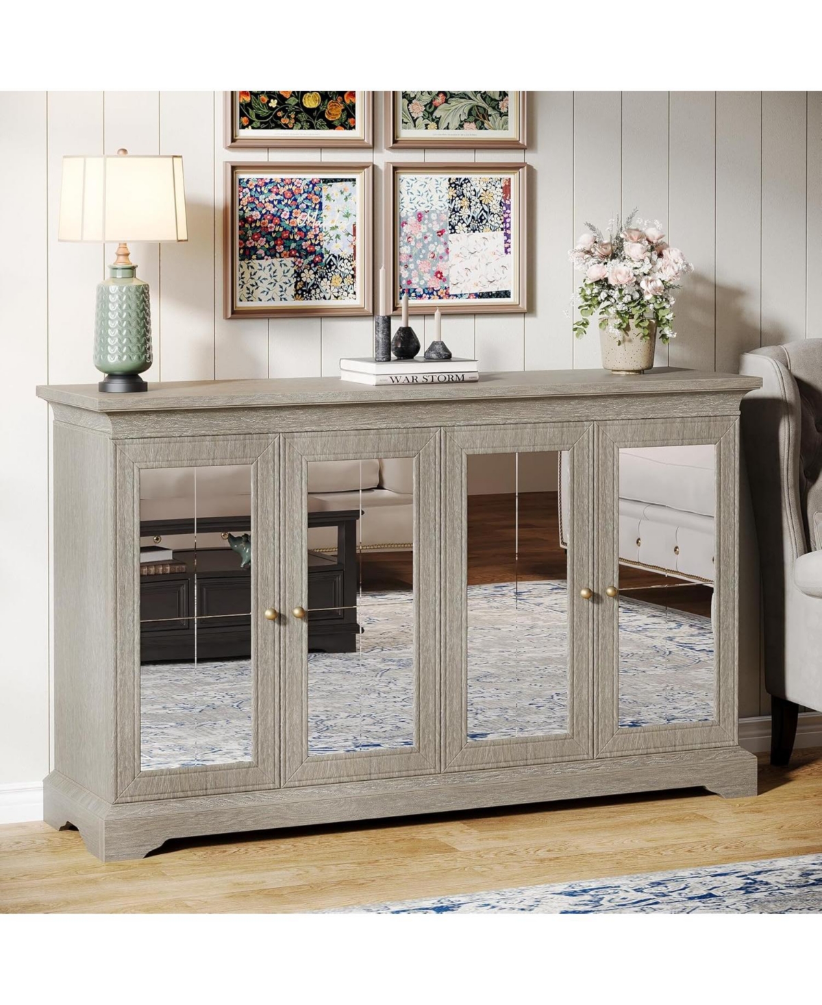 Tribesigns Mirrored Buffet Cabinet with Storage, Vintage Buffet Cabinet with 4 Doors and Adjustable Shelves, Wood Sideboard Buffet Cabinet for