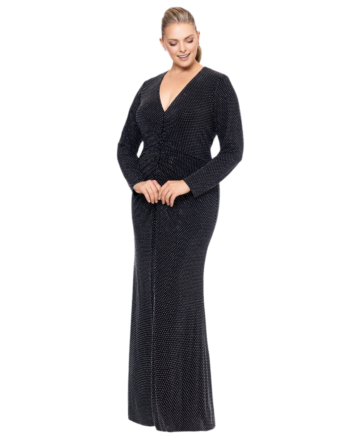 Xscape Plus Size Shimmer Center-Ruched V-Neck Gown -Silver
