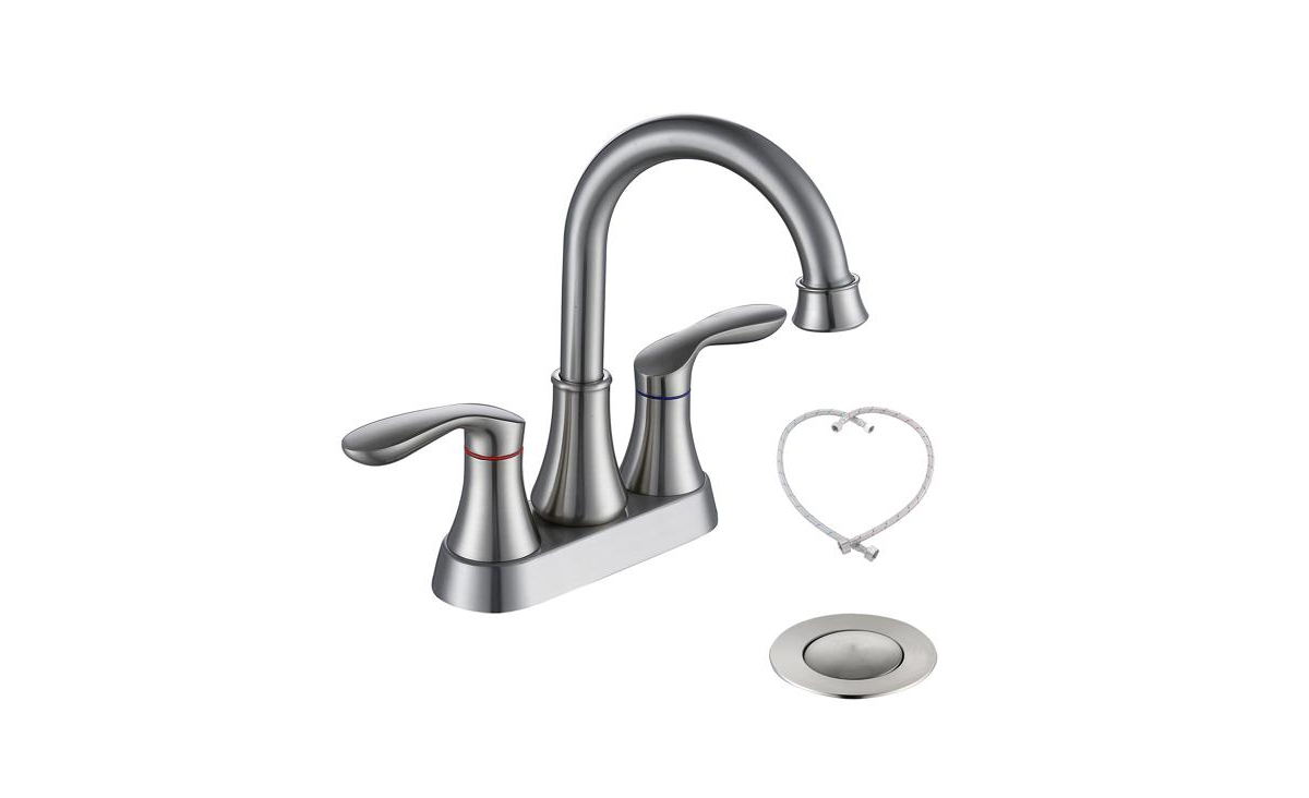 2-Handle 4-Inch Brushed Nickel Bathroom Faucet for Vanity Sinks, Complete with Pop-Up Drain and Supply Hoses - Silver