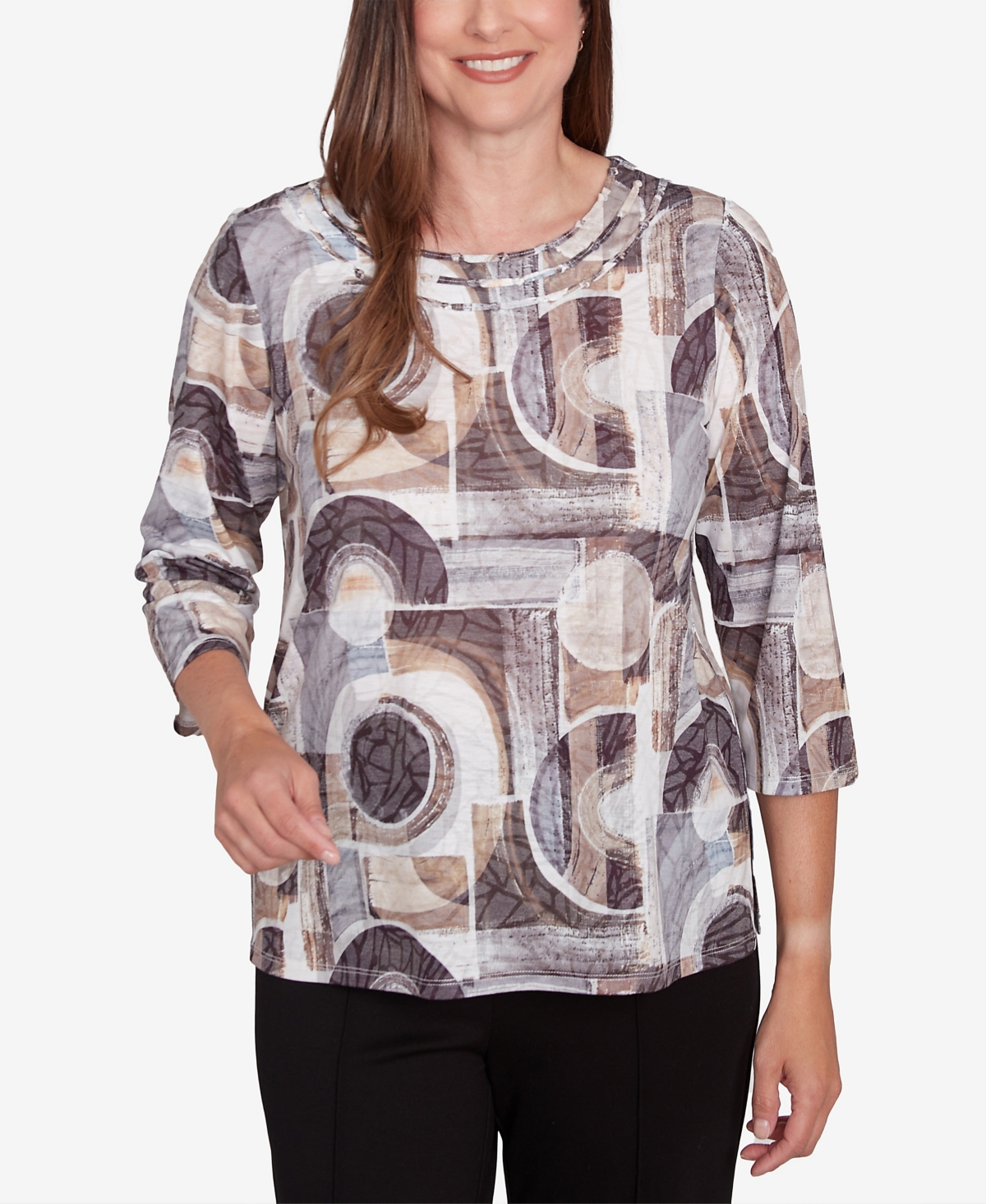Alfred Dunner Petite Geometric Patch Print Top In Neutral Multi