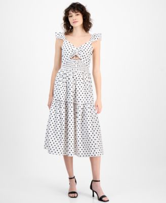 And Now This - Women's Dot-Print Cutout Smocked Midi Dress