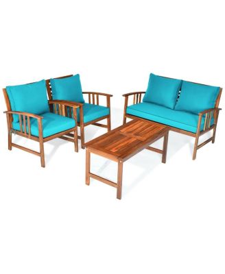 4 Pieces Wooden Patio Sofa Chair Set with Cushion