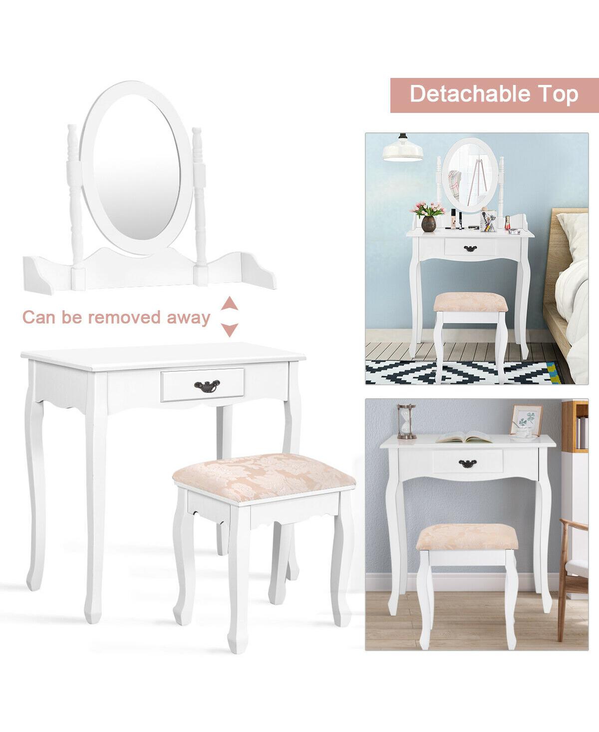 Sugift Wooden Vanity Table Set with Oval Mirror and Cushioned Stool