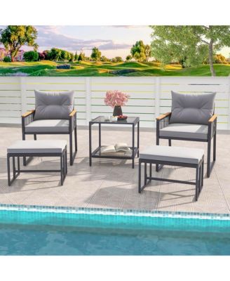 5 Piece Outdoor Conversation Set Rattan Armchairs with 2-Layer Side Table