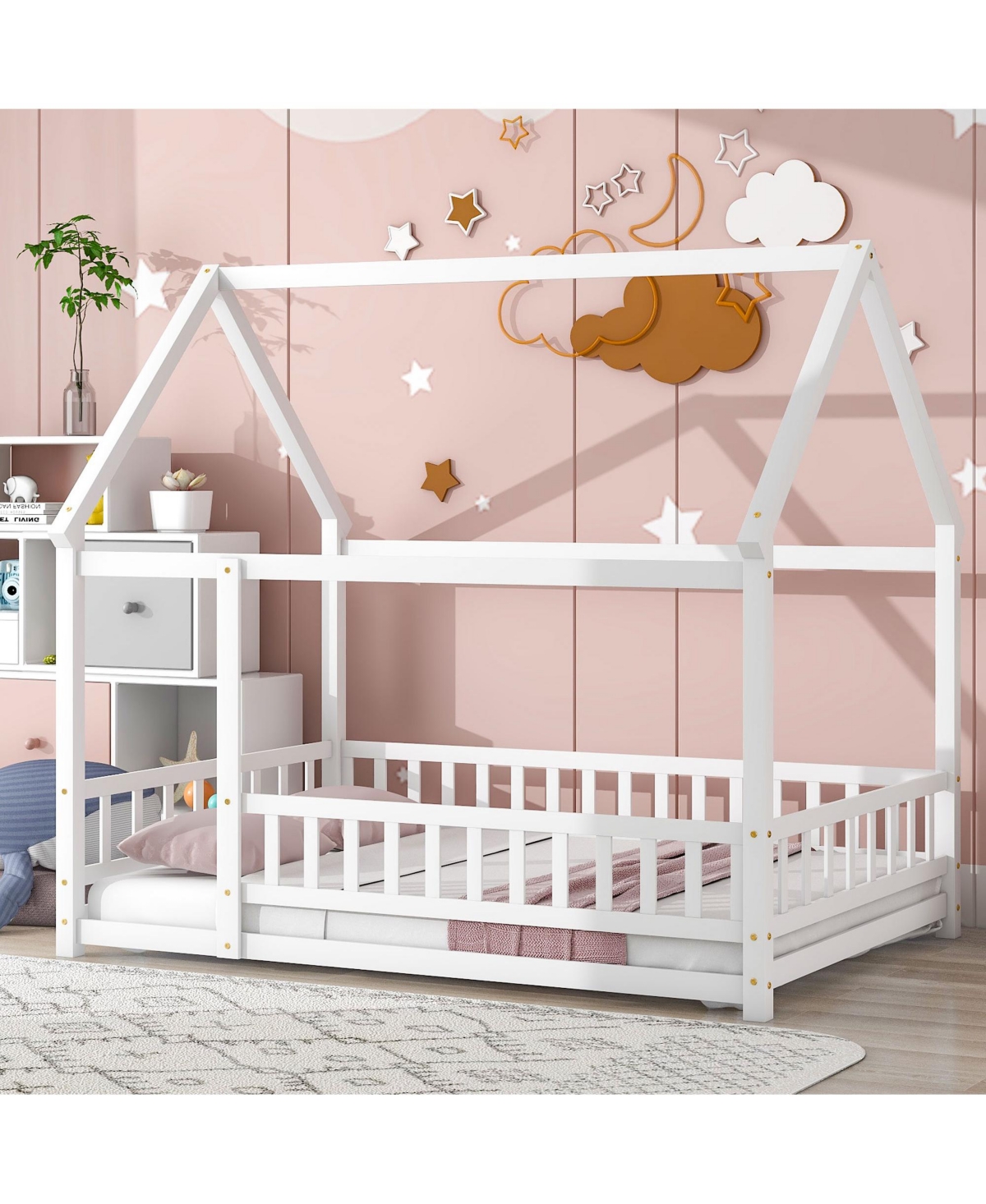 Slickblue Full Size Floor Wooden Bed with House Roof Frame, Fence Guardrails