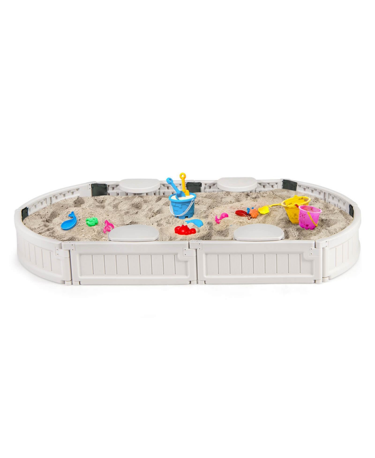6F Wooden Sandbox with Built-in Corner Seat, Cover, Bottom Liner for Outdoor Play - White