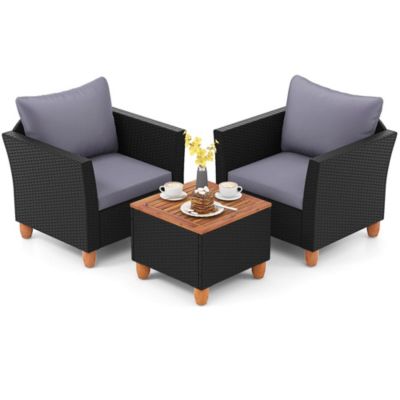 3 PCS Patio Rattan Furniture Set Cushioned Sofa Storage Table with Wood Top
