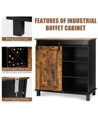 32" Barn Door, 3-Tier Shelves, Detachable Wine Rack, Industrial Style Farmhouse Sideboard Cabinet