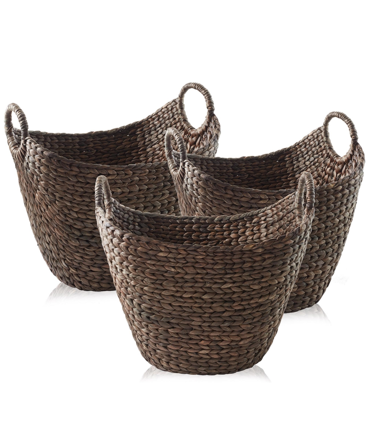 Set of 3 Boat Baskets with Handles - Espresso, Woven Water Hyacinth Storage Organizers for Blankets, Laundry, Bathroom, Bedroom, Living Room