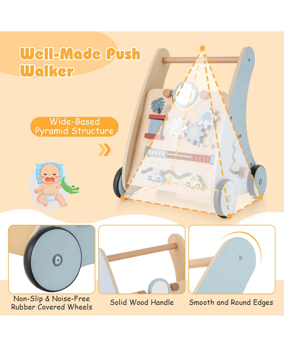 Costway Wooden Baby Walker Push & Pull Walker with Multi-Activity Learning Center