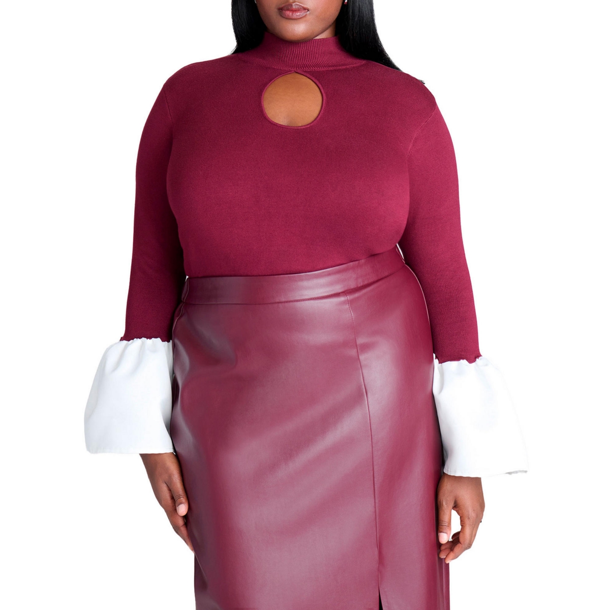Women's Plus Size Bell Sleeve Sweater With Keyhole - Maroon banner